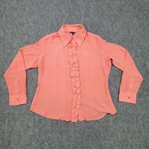 Oleg Cassini‎ Ruffle Front Blouse Womens 14 Coral Long Sleeve Button Down Career